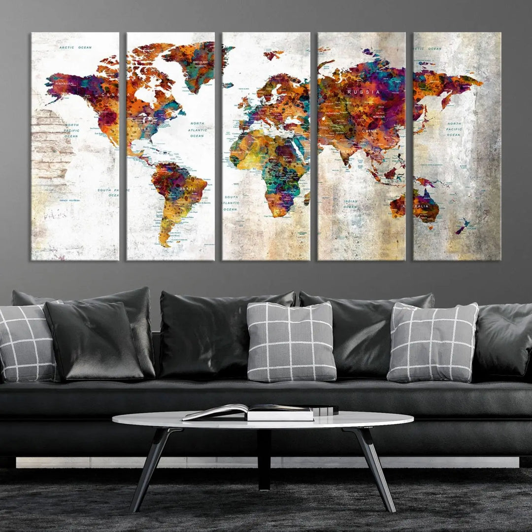 A vibrant "Grunge Map on Canvas Gallery Wall Set of 3 Panels Gift Traveler" adorns the wall, enhanced with a UV-protective coating. This museum-quality canvas piece adds vibrancy and style to your room, complemented by the added bonus of free shipping.