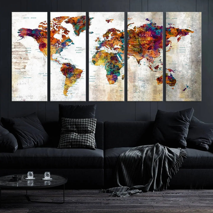 A vibrant "Grunge Map on Canvas Gallery Wall Set of 3 Panels Gift Traveler" adorns the wall, enhanced with a UV-protective coating. This museum-quality canvas piece adds vibrancy and style to your room, complemented by the added bonus of free shipping.