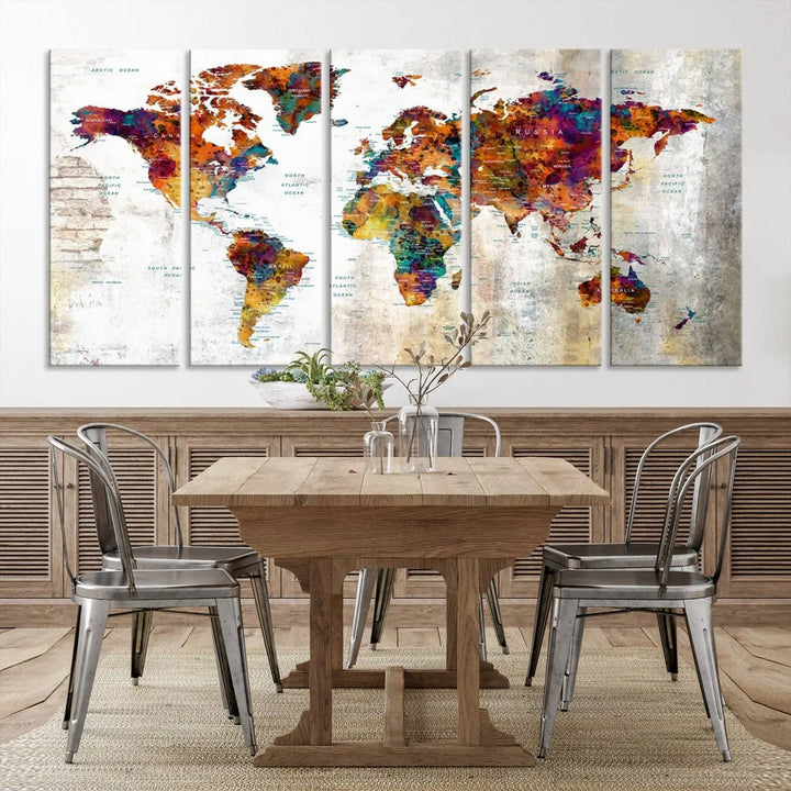 A vibrant "Grunge Map on Canvas Gallery Wall Set of 3 Panels Gift Traveler" adorns the wall, enhanced with a UV-protective coating. This museum-quality canvas piece adds vibrancy and style to your room, complemented by the added bonus of free shipping.