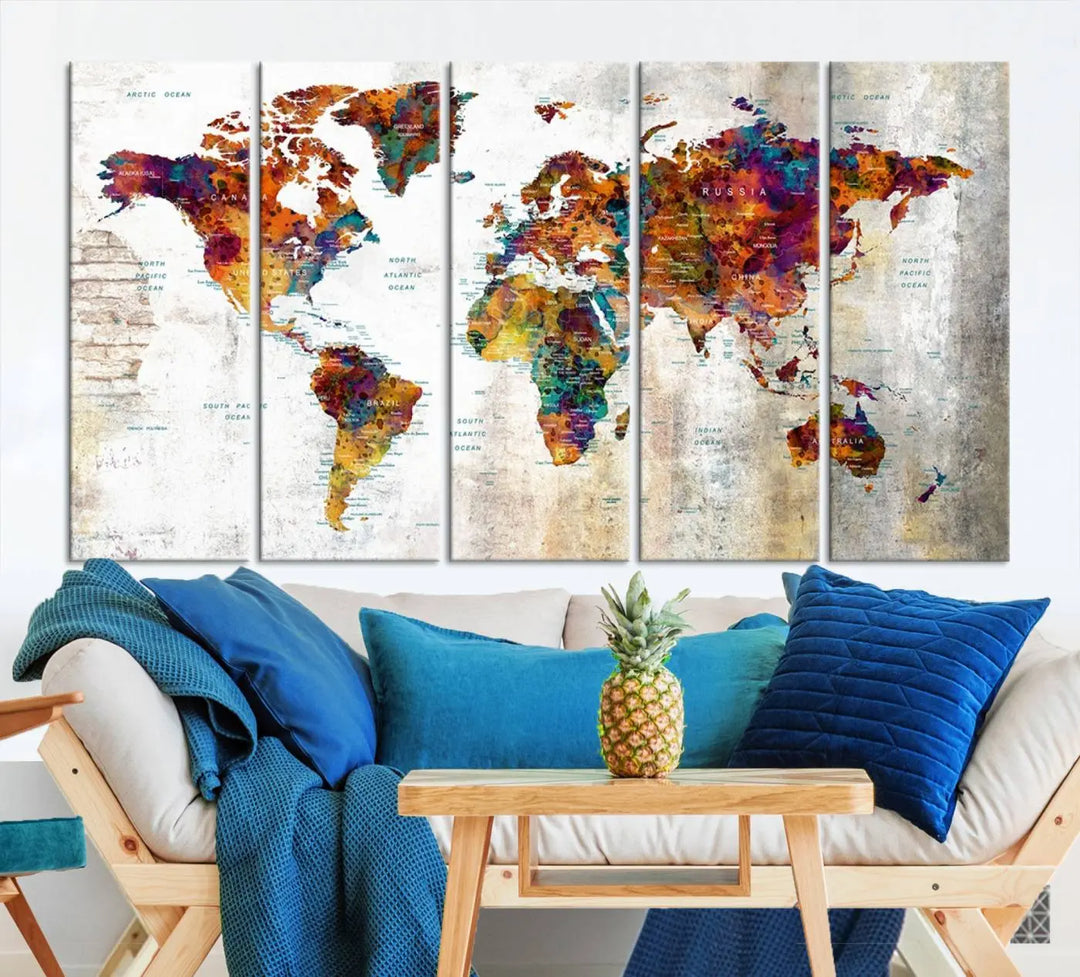 A vibrant "Grunge Map on Canvas Gallery Wall Set of 3 Panels Gift Traveler" adorns the wall, enhanced with a UV-protective coating. This museum-quality canvas piece adds vibrancy and style to your room, complemented by the added bonus of free shipping.