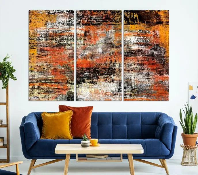 A vibrant Grunge Style Abstract Art Wall Art Canvas Print, printed on museum-quality canvas and complete with a UV-protective coating, adorns the wall.