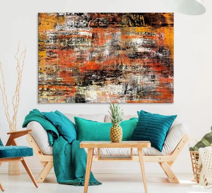 A vibrant Grunge Style Abstract Art Wall Art Canvas Print, printed on museum-quality canvas and complete with a UV-protective coating, adorns the wall.