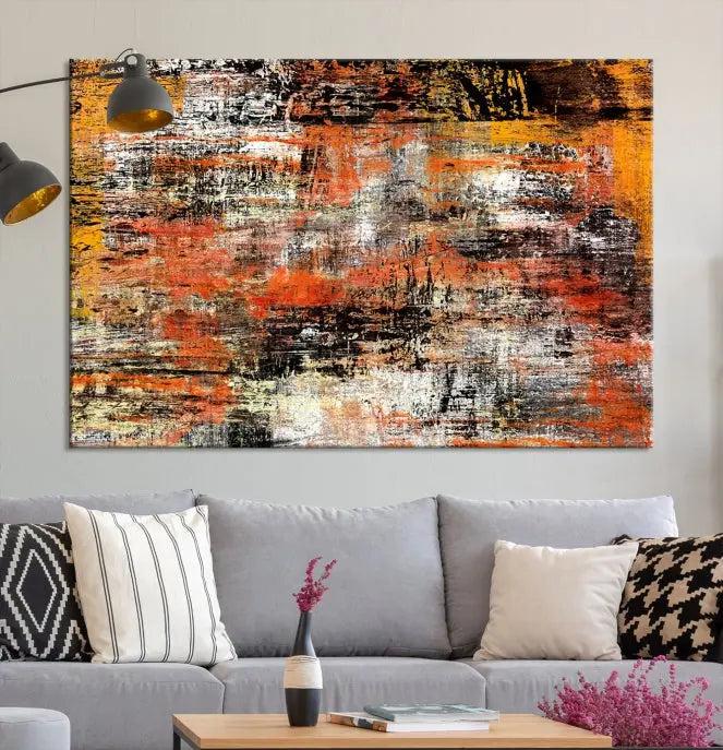 A vibrant Grunge Style Abstract Art Wall Art Canvas Print, printed on museum-quality canvas and complete with a UV-protective coating, adorns the wall.