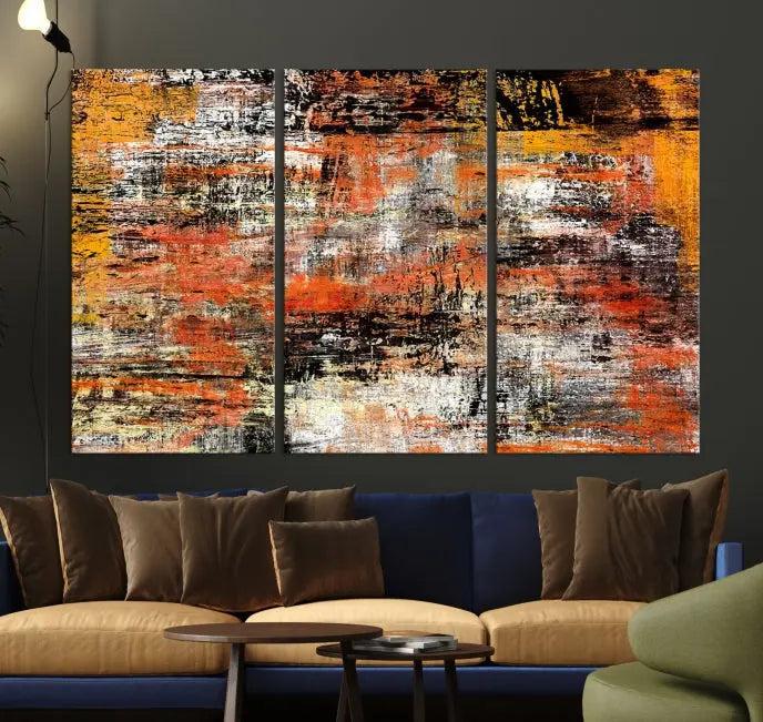 A vibrant Grunge Style Abstract Art Wall Art Canvas Print, printed on museum-quality canvas and complete with a UV-protective coating, adorns the wall.