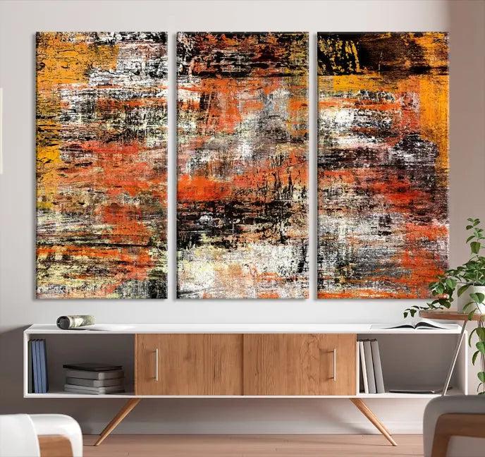 A vibrant Grunge Style Abstract Art Wall Art Canvas Print, printed on museum-quality canvas and complete with a UV-protective coating, adorns the wall.