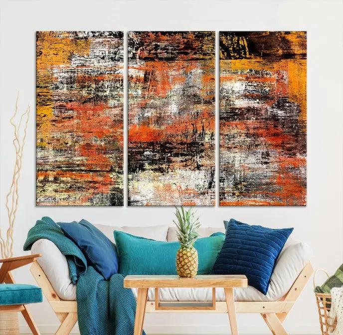 A vibrant Grunge Style Abstract Art Wall Art Canvas Print, printed on museum-quality canvas and complete with a UV-protective coating, adorns the wall.