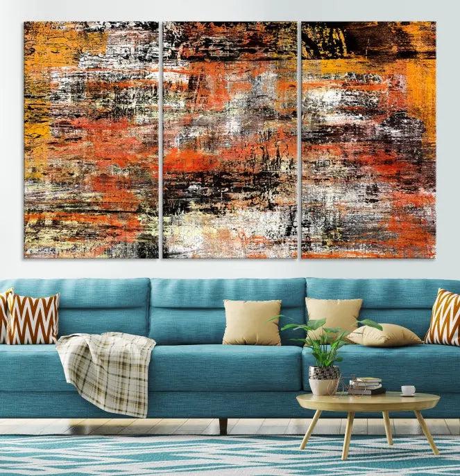 A vibrant Grunge Style Abstract Art Wall Art Canvas Print, printed on museum-quality canvas and complete with a UV-protective coating, adorns the wall.