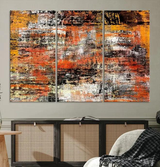 A vibrant Grunge Style Abstract Art Wall Art Canvas Print, printed on museum-quality canvas and complete with a UV-protective coating, adorns the wall.