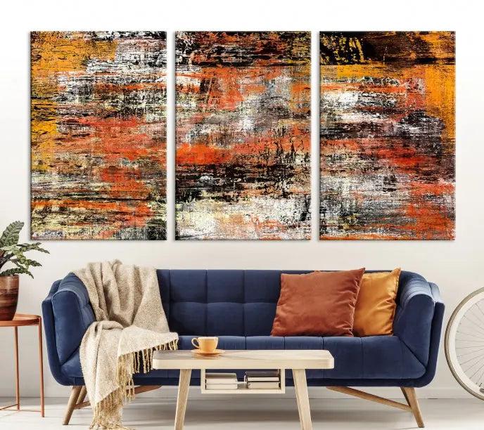 A vibrant Grunge Style Abstract Art Wall Art Canvas Print, printed on museum-quality canvas and complete with a UV-protective coating, adorns the wall.