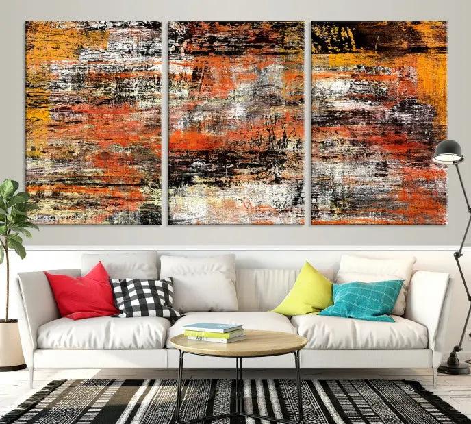 A vibrant Grunge Style Abstract Art Wall Art Canvas Print, printed on museum-quality canvas and complete with a UV-protective coating, adorns the wall.