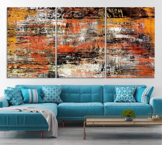 A vibrant Grunge Style Abstract Art Wall Art Canvas Print, printed on museum-quality canvas and complete with a UV-protective coating, adorns the wall.