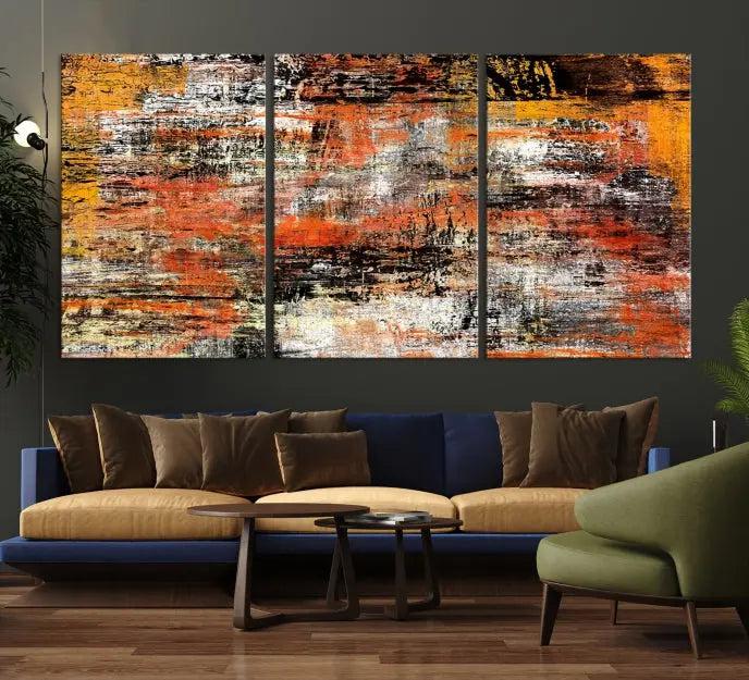 A vibrant Grunge Style Abstract Art Wall Art Canvas Print, printed on museum-quality canvas and complete with a UV-protective coating, adorns the wall.