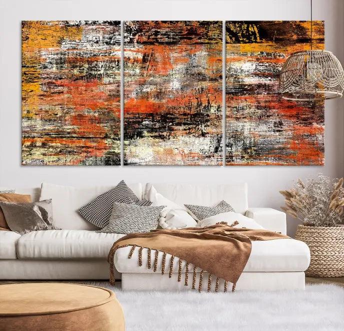 A vibrant Grunge Style Abstract Art Wall Art Canvas Print, printed on museum-quality canvas and complete with a UV-protective coating, adorns the wall.