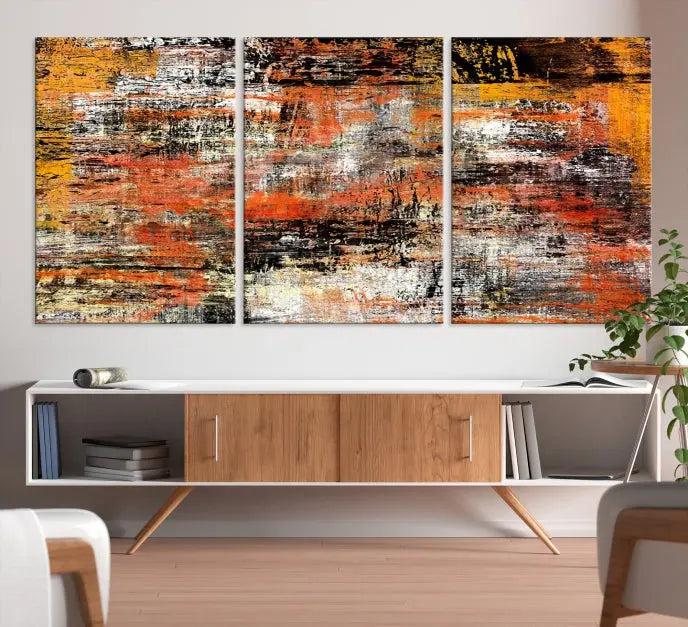 A vibrant Grunge Style Abstract Art Wall Art Canvas Print, printed on museum-quality canvas and complete with a UV-protective coating, adorns the wall.