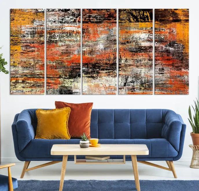 A vibrant Grunge Style Abstract Art Wall Art Canvas Print, printed on museum-quality canvas and complete with a UV-protective coating, adorns the wall.