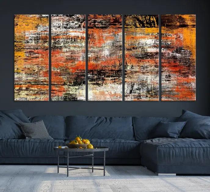 A vibrant Grunge Style Abstract Art Wall Art Canvas Print, printed on museum-quality canvas and complete with a UV-protective coating, adorns the wall.