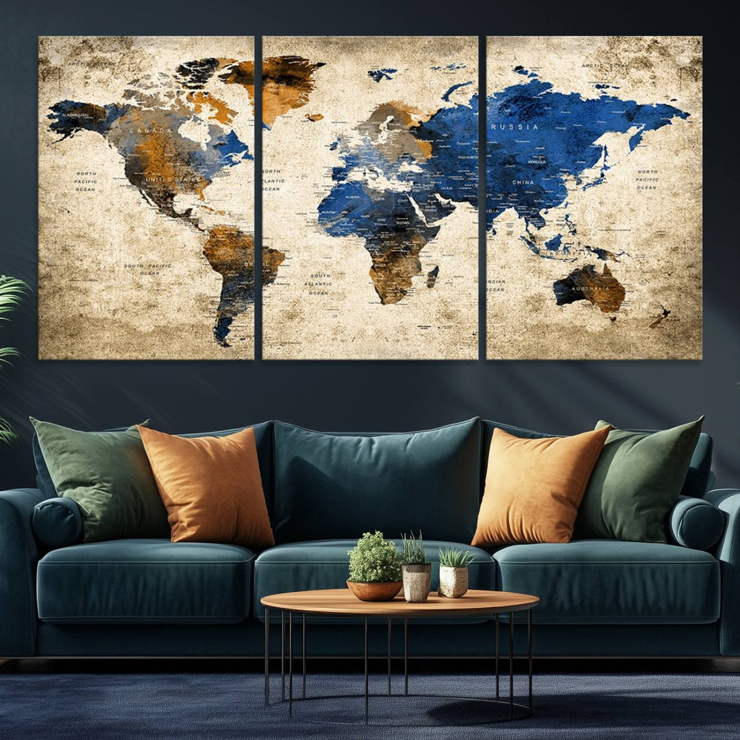 82930-MGV-CV-36X24-Grunge World Map Wall Art | 3-Panel Large Beige and Brown Map Canvas Print for Living Room, Office, or Study | Vintage World Map Decor Wall