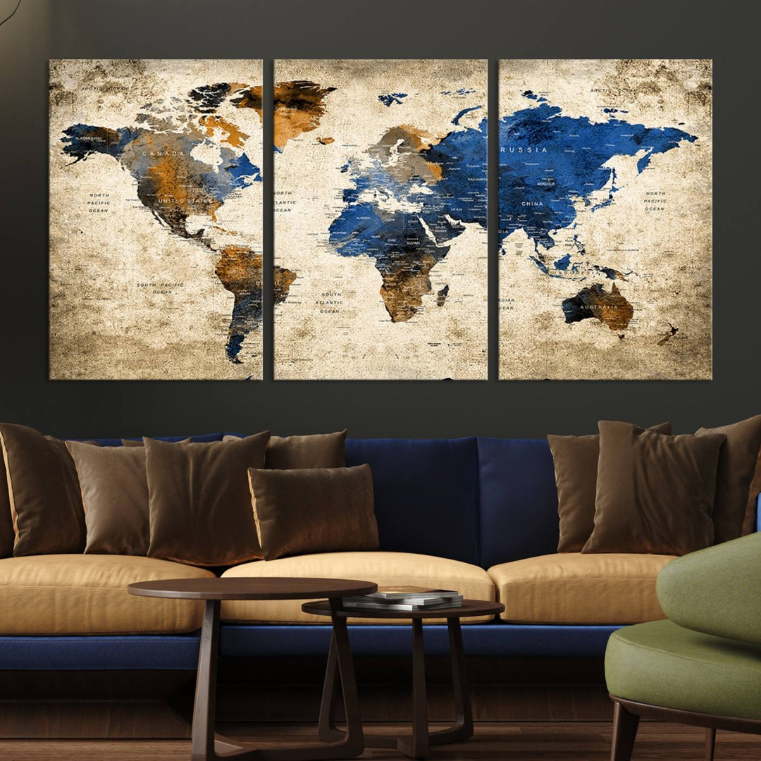Grunge World Map Wall Art | 3-Panel Large Beige and Brown Map Canvas Print for Living Room, Office, or Study | Vintage World Map Decor Wall