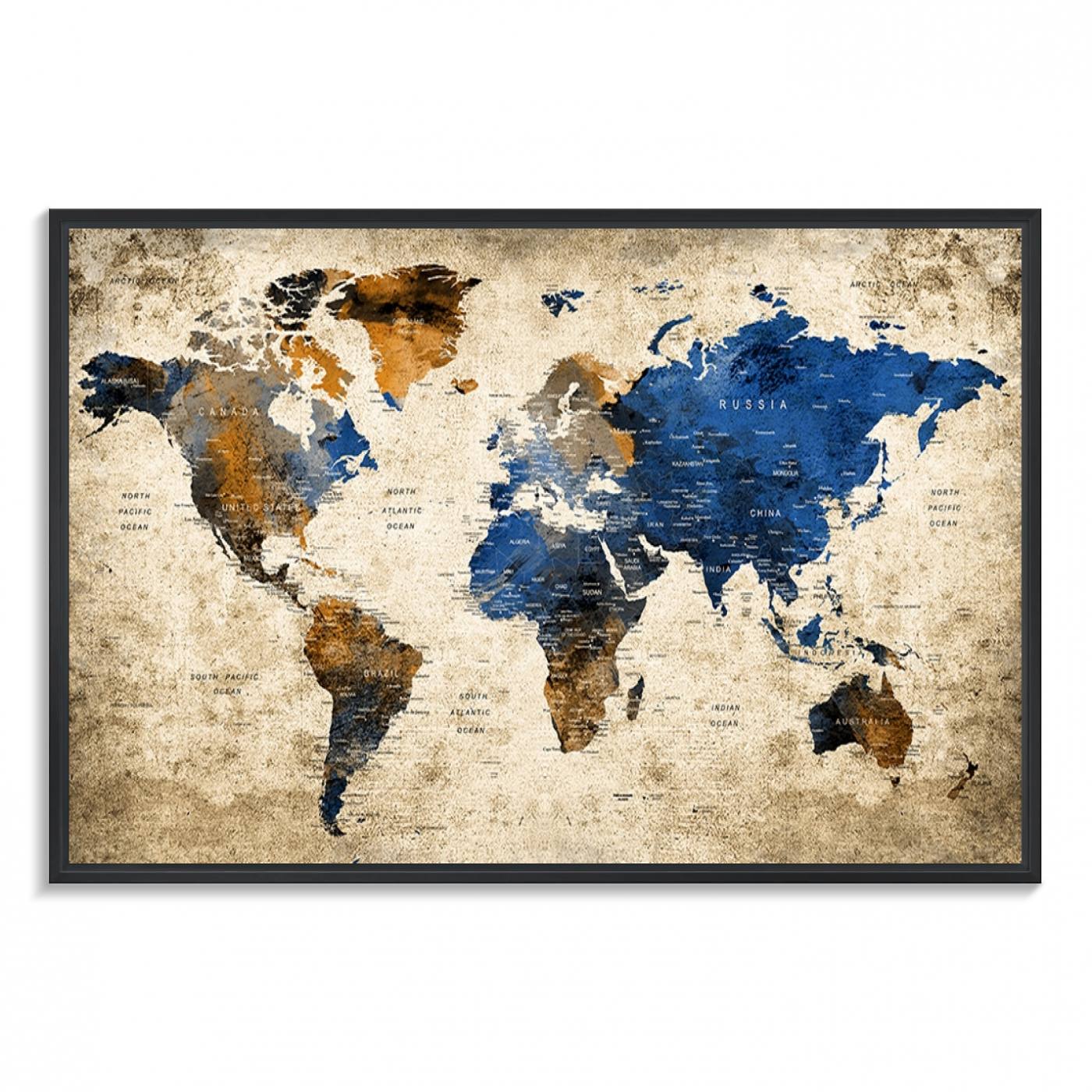Grunge World Map Wall Art | 3-Panel Large Beige and Brown Map Canvas Print for Living Room, Office, or Study | Vintage World Map Decor Wall