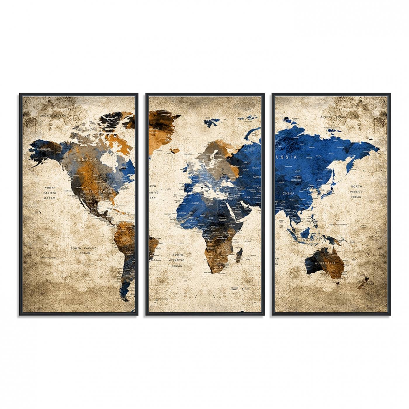 82930-MGV-FC-48X32-3P_Black-Grunge World Map Wall Art | 3-Panel Large Beige and Brown Map Canvas Print for Living Room, Office, or Study | Vintage World Map Decor Wall
