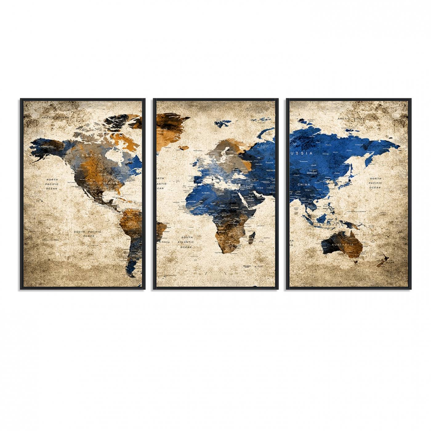 82930-MGV-FC-60X30-3P_Black-Grunge World Map Wall Art | 3-Panel Large Beige and Brown Map Canvas Print for Living Room, Office, or Study | Vintage World Map Decor Wall