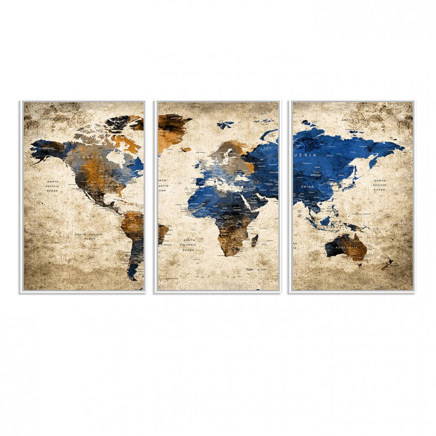 82930-MGV-FC-60X30-3P_White-Grunge World Map Wall Art | 3-Panel Large Beige and Brown Map Canvas Print for Living Room, Office, or Study | Vintage World Map Decor Wall