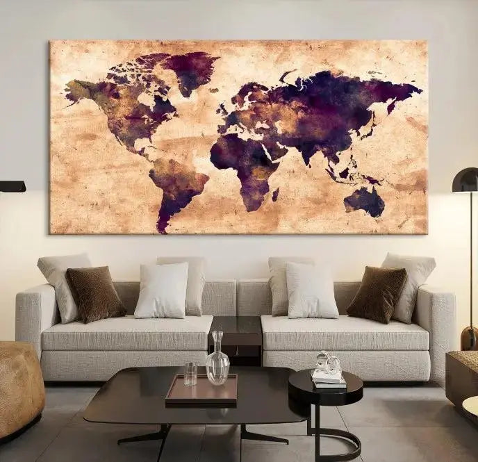 The Grunge World Map Wall Art Canvas Print adds a striking focal point to a modern living room. Made on museum-quality canvas with a UV-protective coating to preserve its vivid colors, it also comes with the convenience of free shipping.