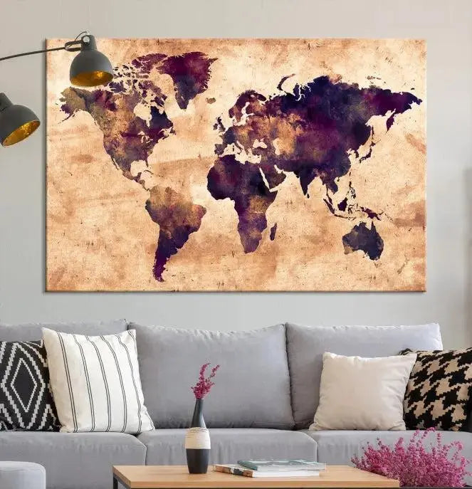 The Grunge World Map Wall Art Canvas Print adds a striking focal point to a modern living room. Made on museum-quality canvas with a UV-protective coating to preserve its vivid colors, it also comes with the convenience of free shipping.