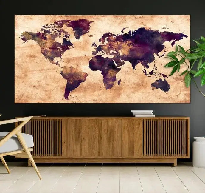 The Grunge World Map Wall Art Canvas Print adds a striking focal point to a modern living room. Made on museum-quality canvas with a UV-protective coating to preserve its vivid colors, it also comes with the convenience of free shipping.