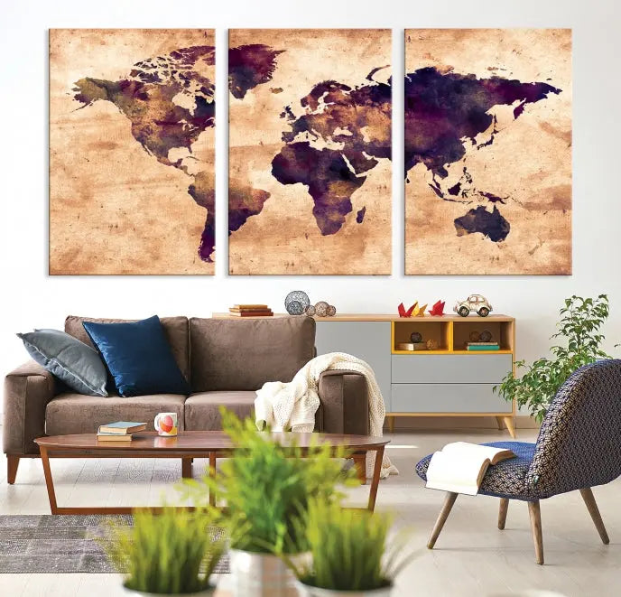 The Grunge World Map Wall Art Canvas Print adds a striking focal point to a modern living room. Made on museum-quality canvas with a UV-protective coating to preserve its vivid colors, it also comes with the convenience of free shipping.