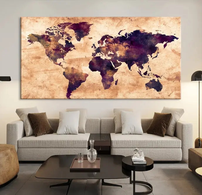 The Grunge World Map Wall Art Canvas Print adds a striking focal point to a modern living room. Made on museum-quality canvas with a UV-protective coating to preserve its vivid colors, it also comes with the convenience of free shipping.