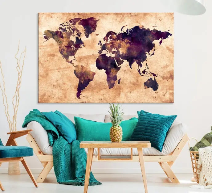 The Grunge World Map Wall Art Canvas Print adds a striking focal point to a modern living room. Made on museum-quality canvas with a UV-protective coating to preserve its vivid colors, it also comes with the convenience of free shipping.