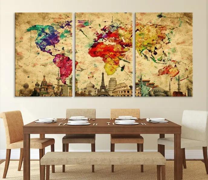 The Grunge World Map Wall Art Canvas Print is a museum-quality piece adorned with famous global landmarks and features a UV-protective coating for added longevity.