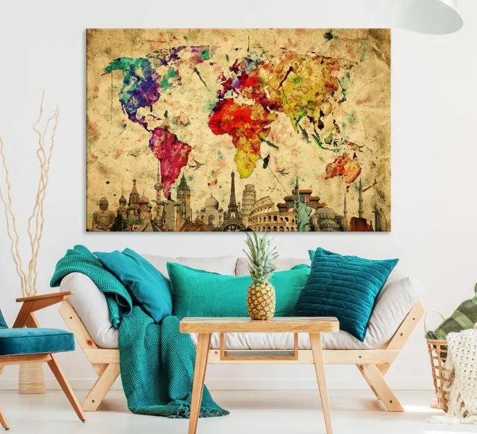 The Grunge World Map Wall Art Canvas Print is a museum-quality piece adorned with famous global landmarks and features a UV-protective coating for added longevity.