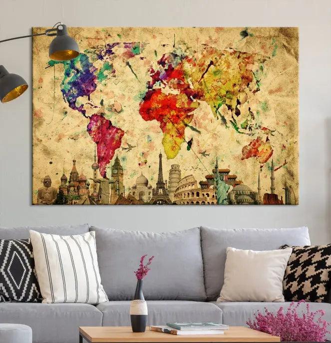 The Grunge World Map Wall Art Canvas Print is a museum-quality piece adorned with famous global landmarks and features a UV-protective coating for added longevity.