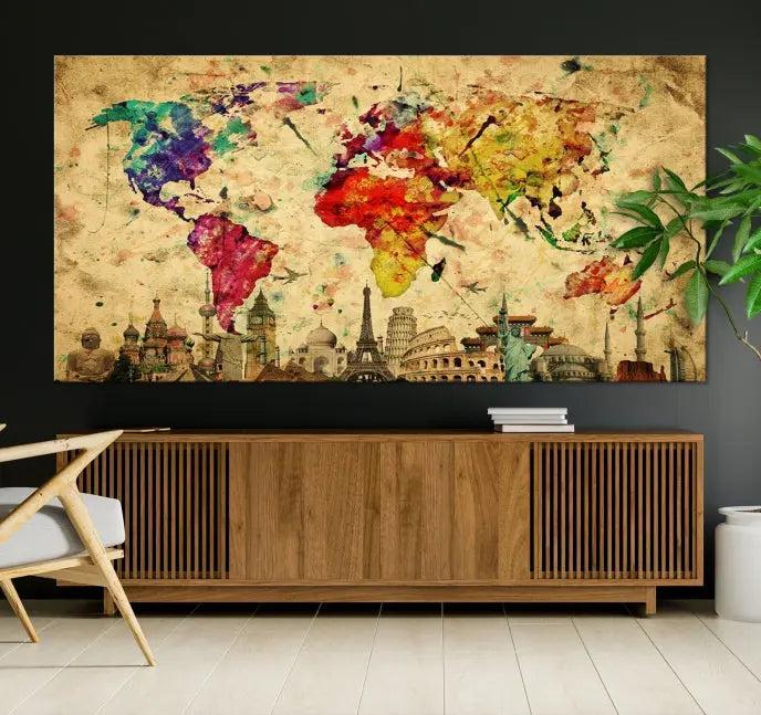 The Grunge World Map Wall Art Canvas Print is a museum-quality piece adorned with famous global landmarks and features a UV-protective coating for added longevity.