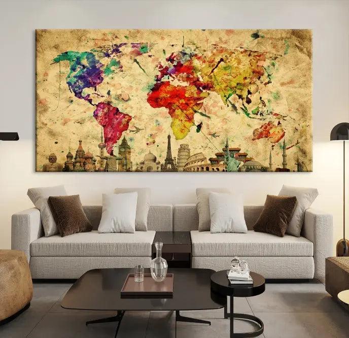 The Grunge World Map Wall Art Canvas Print is a museum-quality piece adorned with famous global landmarks and features a UV-protective coating for added longevity.