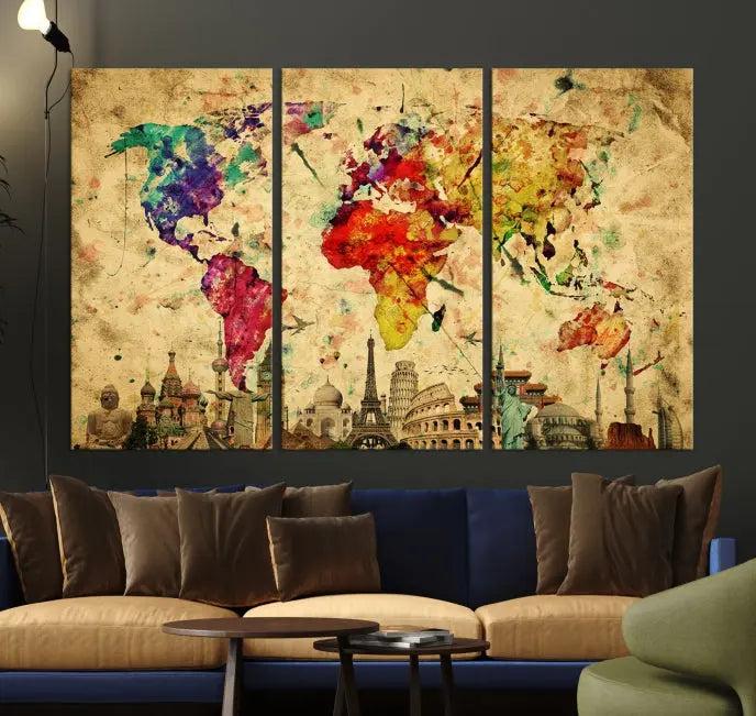 The Grunge World Map Wall Art Canvas Print is a museum-quality piece adorned with famous global landmarks and features a UV-protective coating for added longevity.