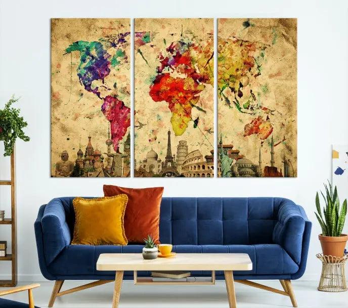 The Grunge World Map Wall Art Canvas Print is a museum-quality piece adorned with famous global landmarks and features a UV-protective coating for added longevity.