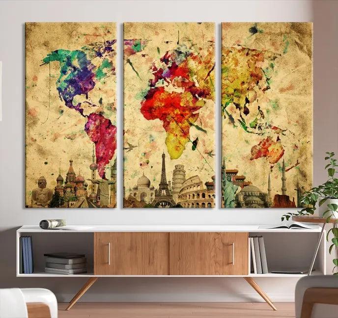 The Grunge World Map Wall Art Canvas Print is a museum-quality piece adorned with famous global landmarks and features a UV-protective coating for added longevity.