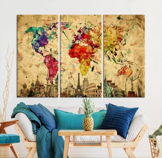 The Grunge World Map Wall Art Canvas Print is a museum-quality piece adorned with famous global landmarks and features a UV-protective coating for added longevity.