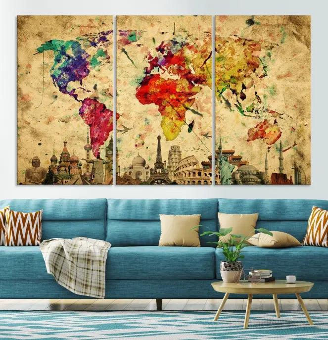 The Grunge World Map Wall Art Canvas Print is a museum-quality piece adorned with famous global landmarks and features a UV-protective coating for added longevity.