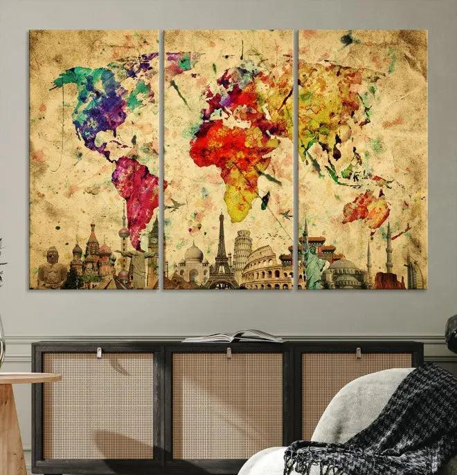 The Grunge World Map Wall Art Canvas Print is a museum-quality piece adorned with famous global landmarks and features a UV-protective coating for added longevity.