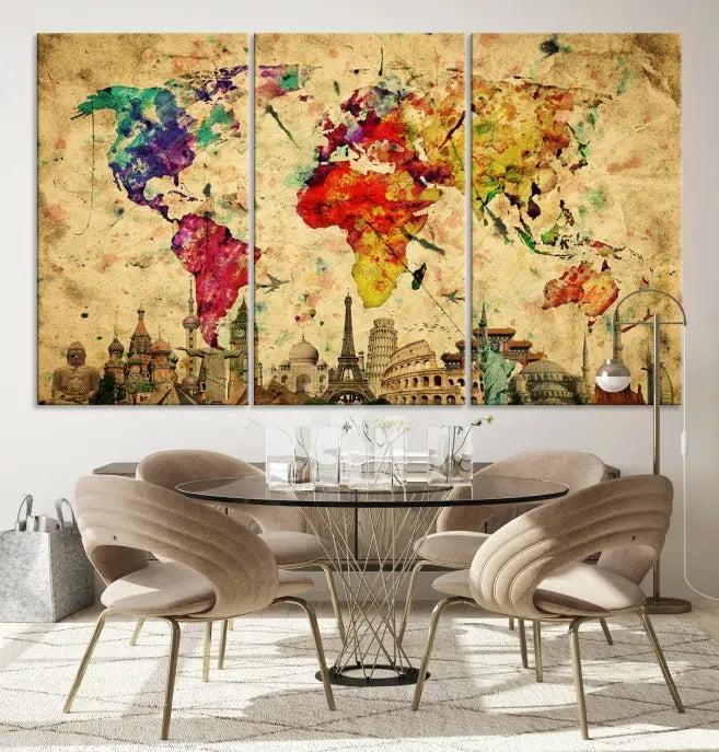 The Grunge World Map Wall Art Canvas Print is a museum-quality piece adorned with famous global landmarks and features a UV-protective coating for added longevity.