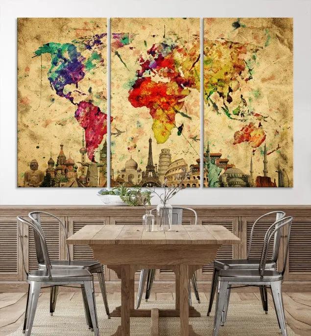 The Grunge World Map Wall Art Canvas Print is a museum-quality piece adorned with famous global landmarks and features a UV-protective coating for added longevity.