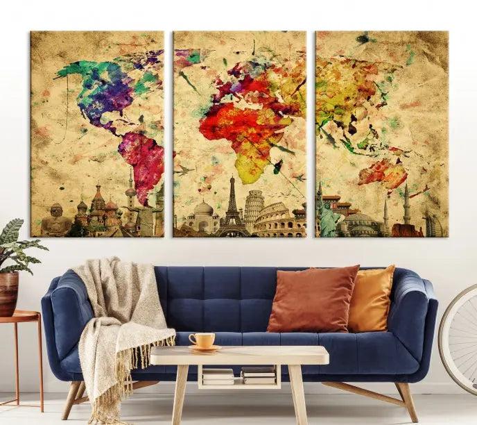 The Grunge World Map Wall Art Canvas Print is a museum-quality piece adorned with famous global landmarks and features a UV-protective coating for added longevity.