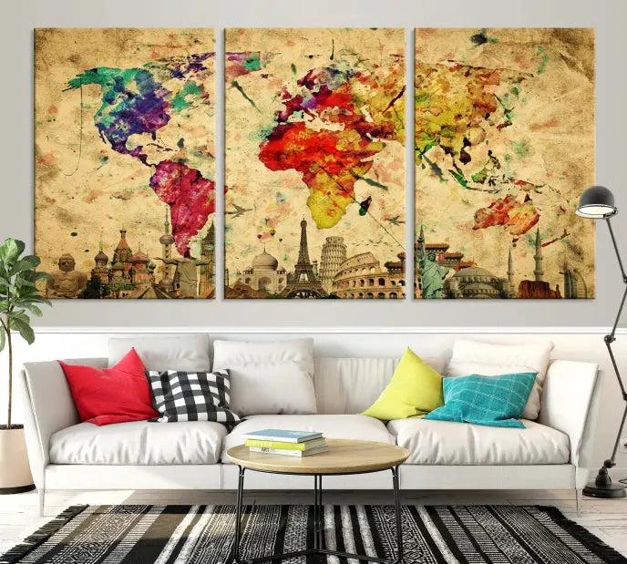 The Grunge World Map Wall Art Canvas Print is a museum-quality piece adorned with famous global landmarks and features a UV-protective coating for added longevity.