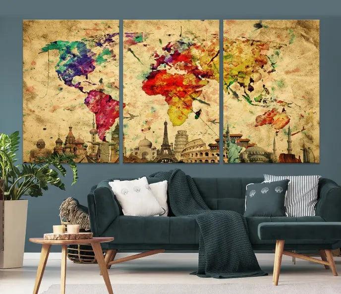 The Grunge World Map Wall Art Canvas Print is a museum-quality piece adorned with famous global landmarks and features a UV-protective coating for added longevity.