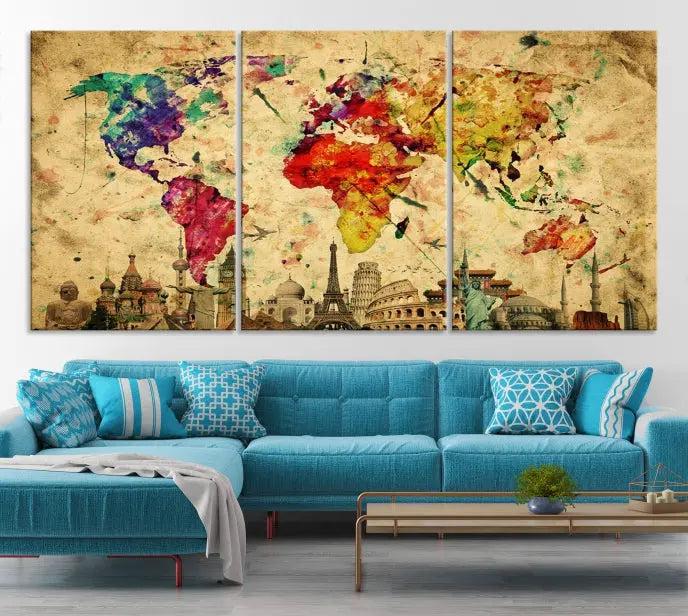 The Grunge World Map Wall Art Canvas Print is a museum-quality piece adorned with famous global landmarks and features a UV-protective coating for added longevity.