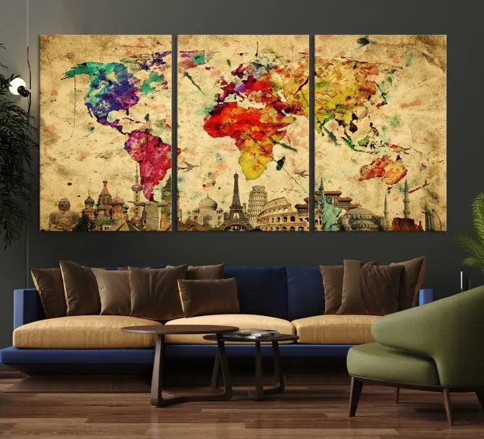 The Grunge World Map Wall Art Canvas Print is a museum-quality piece adorned with famous global landmarks and features a UV-protective coating for added longevity.